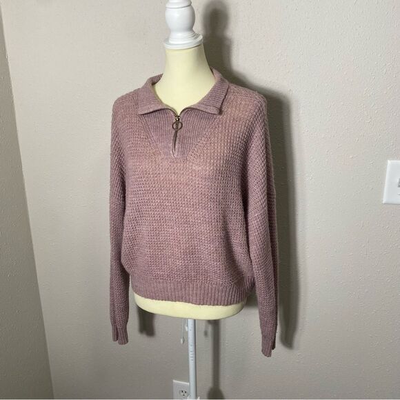 American Eagle Blush Pink Waflle Knit Wool Blend 1/4 Zip Sweater Women's Size L - Picture 14 of 16